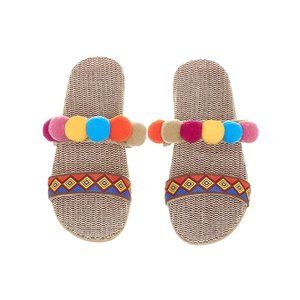 Woven Comfort Pom Pom Open-Toe Slipper Non-Slip